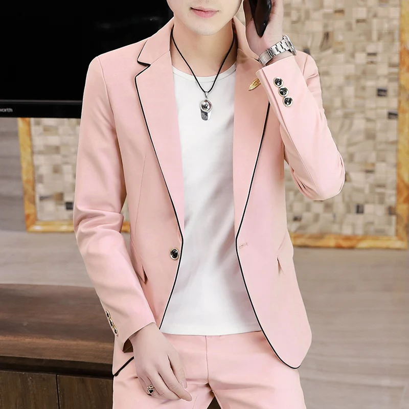 Spring 2024 New Men's (suit + Trousers) Korean Version Slim-fit Trend Fashion Youth Handsome Suit with A Two-piece Set POLYESTER