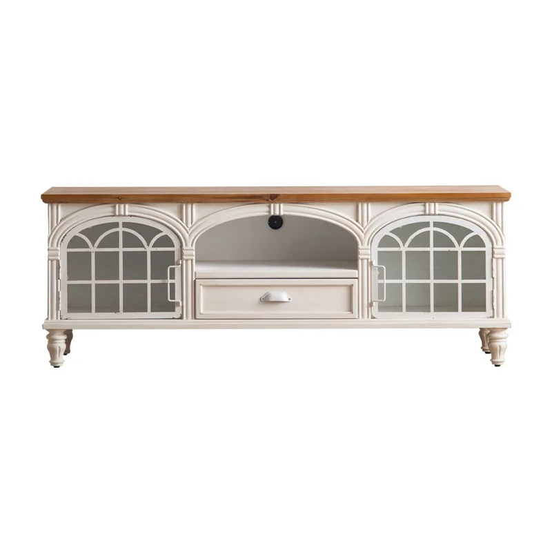 

White retro, old living room, home storage floor cabinet, American personalized wrought iron TV cabinet