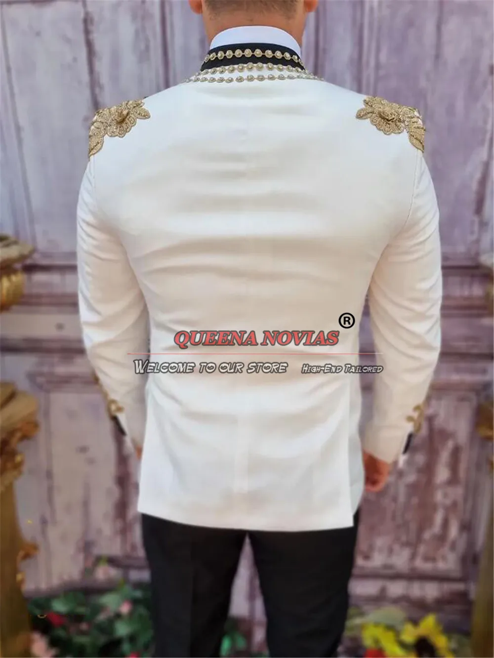 Ternos de casamento luxuosos para homens, festa formal, apliques dourados, conjuntos de blazer de baile, sob medida, 3 peças