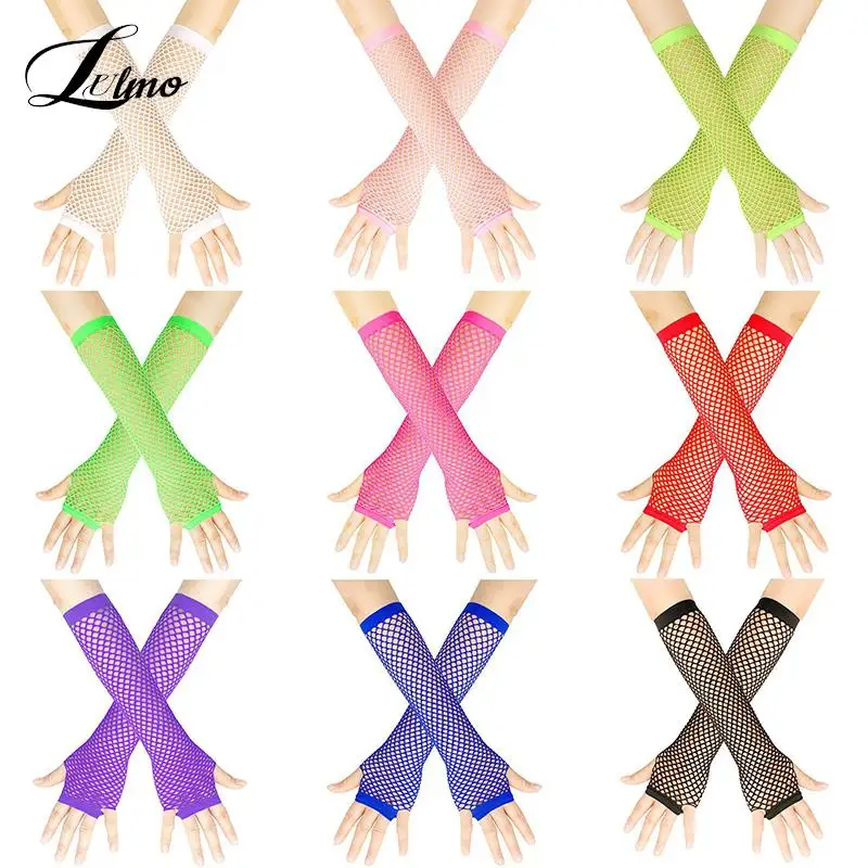 

1pair Long Gloves Neon Fishnet Fingerless Leg Arm Cuff Party Wear Fancy Dress For Womens Sexy Girls Punk Goth Dance Mesh Gloves