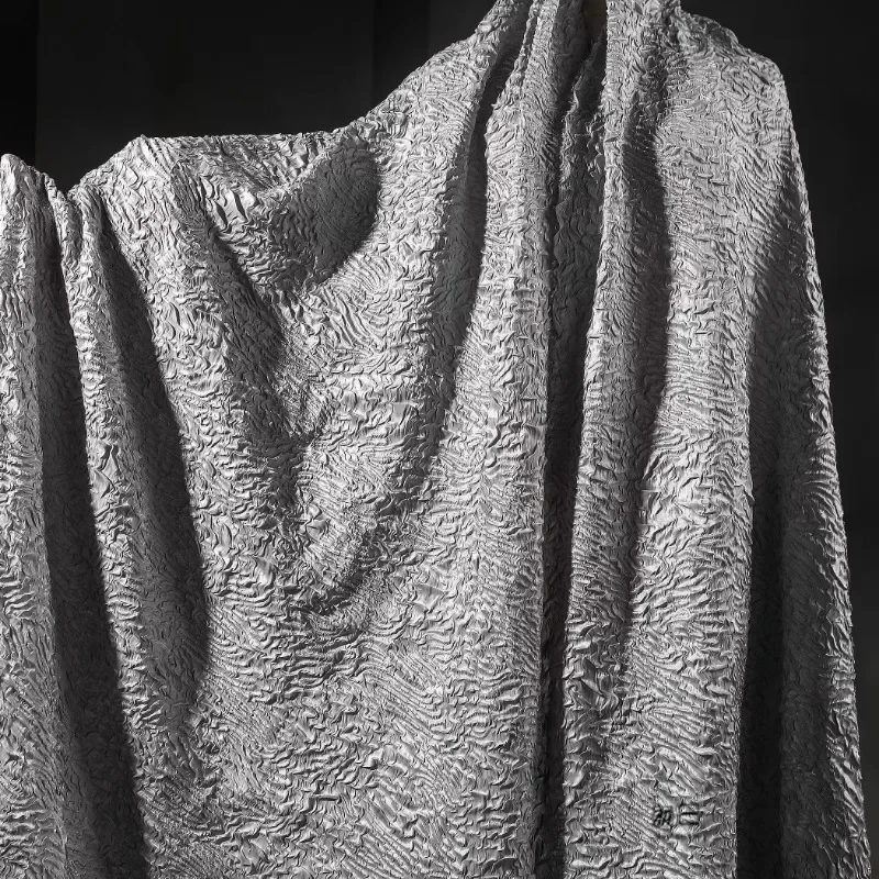 

Light Gray Water Ripple Crepe Irregular Wave Pleated Three-dimensional Texture Reflective Dress Designer Fabric