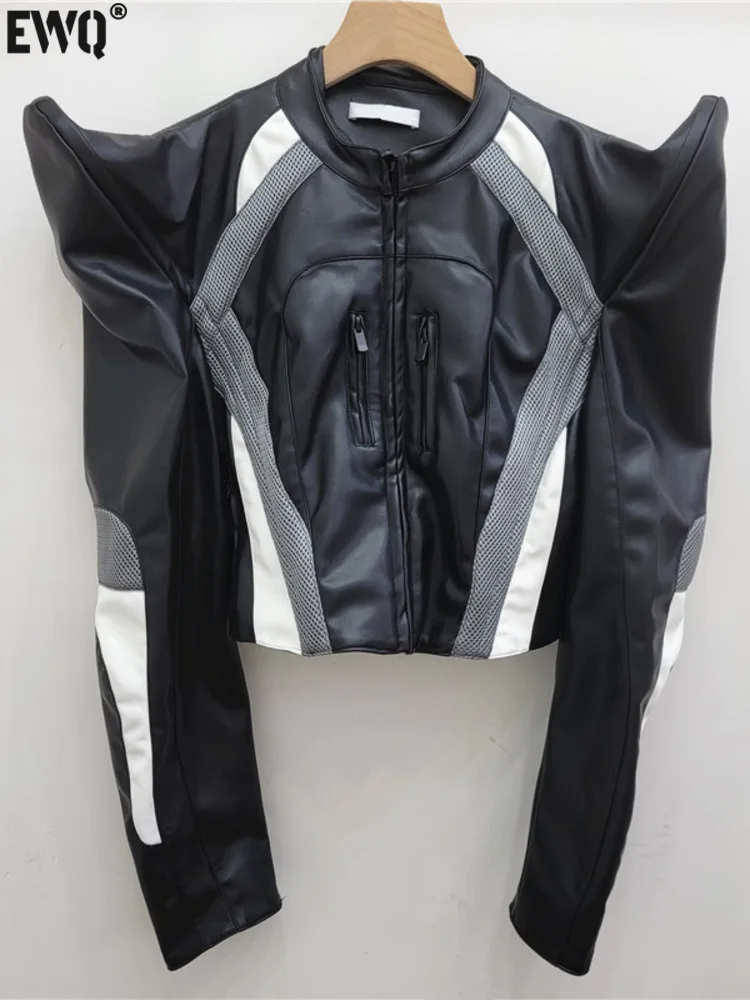 [Ewq] streetwear legal menina retalhos design manga longa zíper jaqueta de couro do plutônio moto feminino casaco de camurça 2024 outono novo 16o3086