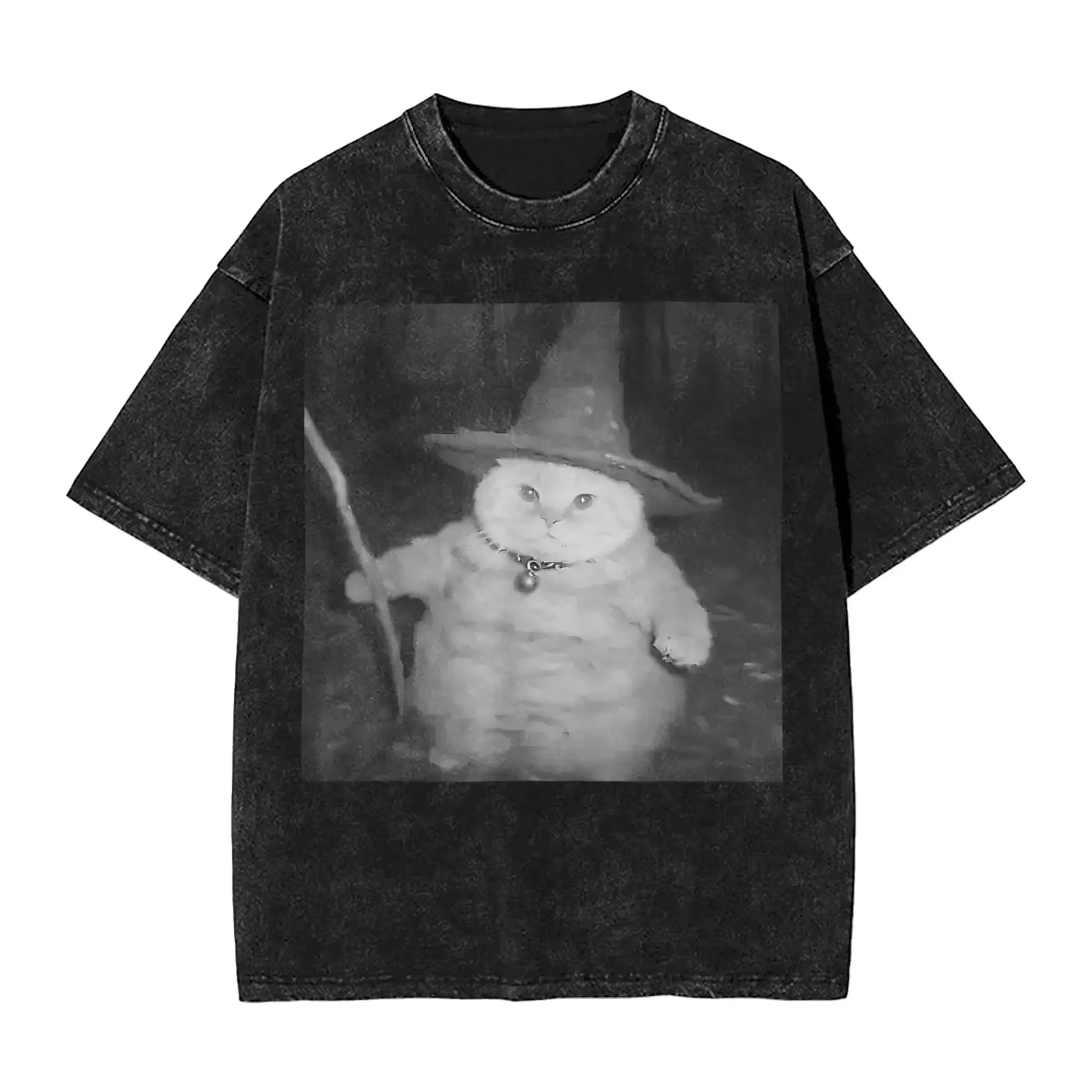 Vintage Washed Wizard Cat Meme T-Shirt Lustiges Retro-Grafik-T-Shirt Übergroßes Streetwear Harajuku Y2K Top für Männer Frauen Sommer T-Shirt – Detail 6