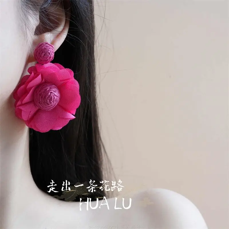 Large Magenta Sweet Camellia Handmade Fabric Resort-Style Earrings For Women Girls Trendy Jewelry Factory Wholesale Price