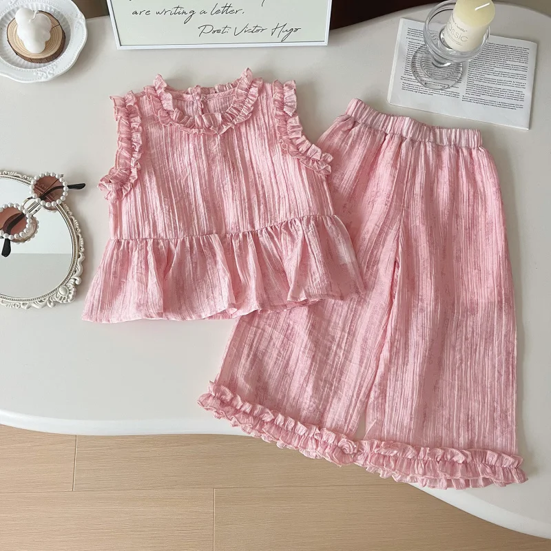 

2025Summer New Girls' Sleeveless Blouse Two-Piece Pants Girl Doll Shirt Suit336