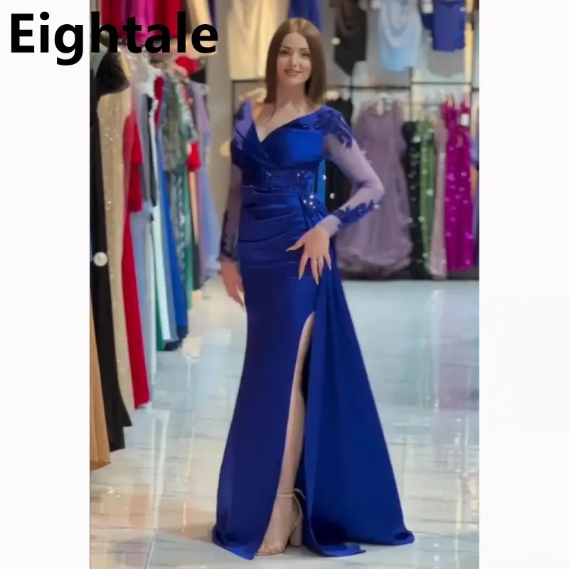 

Eightale Royal Blue Mermaid Evening Dress V Neck Sexy Slit Appliqued Beaded Long Sleeve Prom Dress Dubai Party Gown Customized