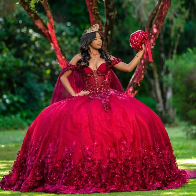 

Red Quinceanera Dresses off-shoulder 3D Butterfly Glitter Decal Bow Long tail Vestido De 15 Quinceanera Customize
