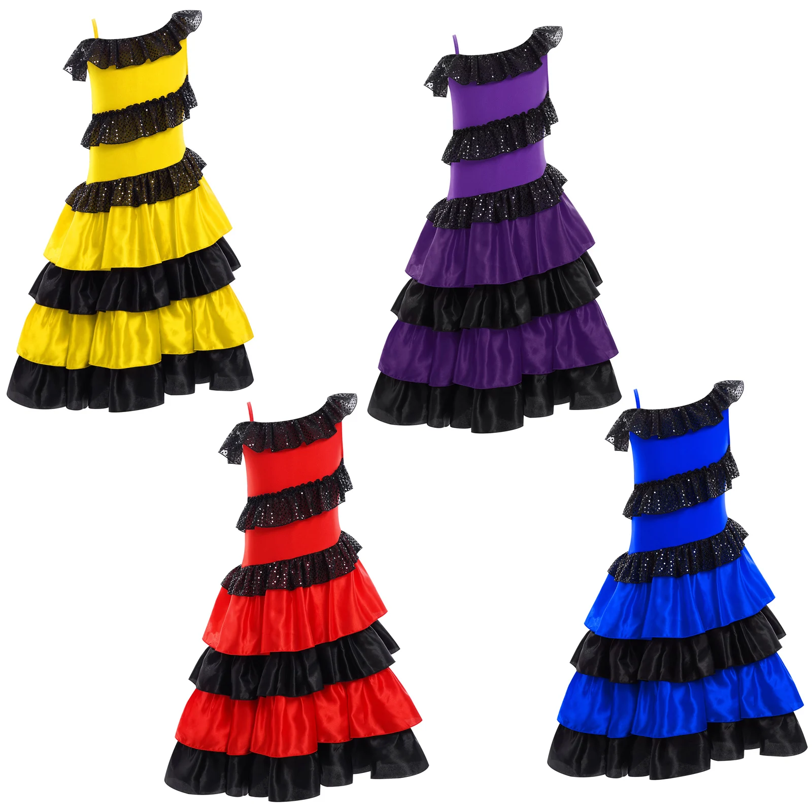 Girls Traditional Spanish Flamenco Dance Color Block Dress Tiered Ruffled Folklorico Dress Carnival Festival Fancy Dress-up