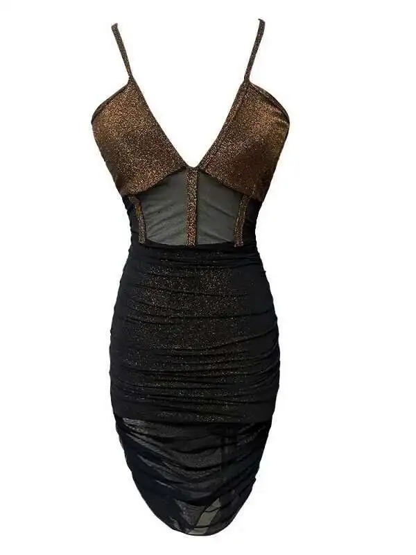 Womengaga sexy picante menina boate dupla camada emenda pendurado cinta pescoço pendurado baixo peito com decote em v vestido apertado elegante e8ko