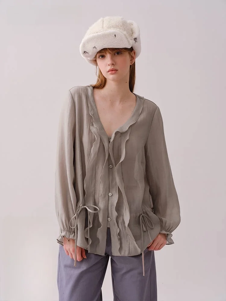 

Женская блузка Moonmoi Romantic с V-образным вырезом, легкая, из смесовой ткани Lenzing, с длинными рукавами, дышащая