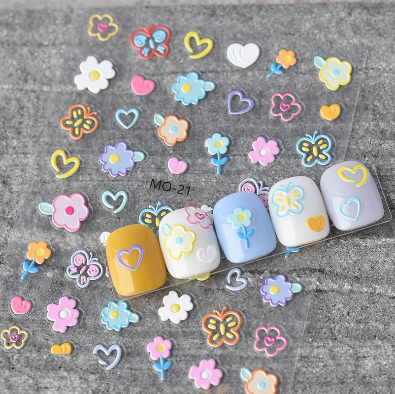 5D 양각 네일 아트 데칼 귀여운 사랑 잎 튤립 꽃 접착제 슬라이더 손톱 스티커 장식 매니큐어