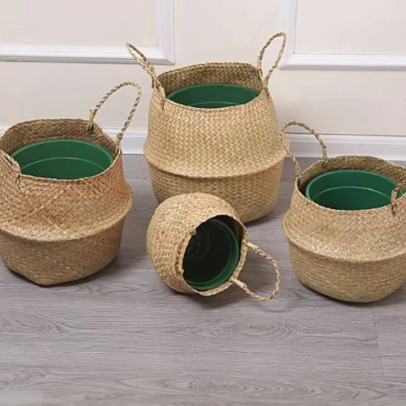 2024 Grass Handmade Weaving Storage Basket Flower Pot Handheld Vegetable Basket Hand Jacquard Pot Cover Home Decoration