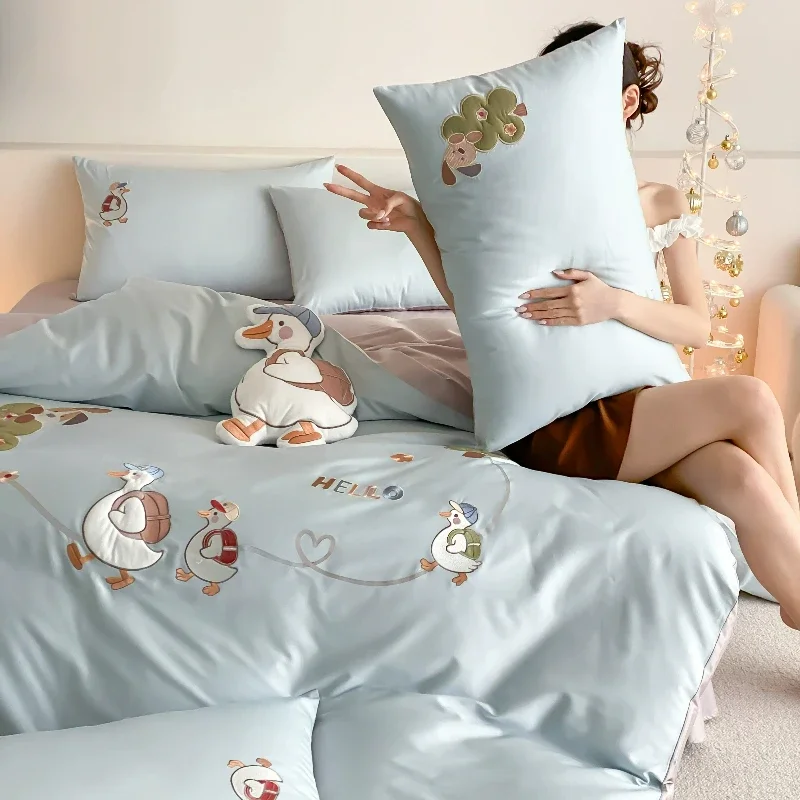 Cute pure cotton long staple cotton bedroom four piece set cartoon duckling pure cotton duvet cover all season universal bedding