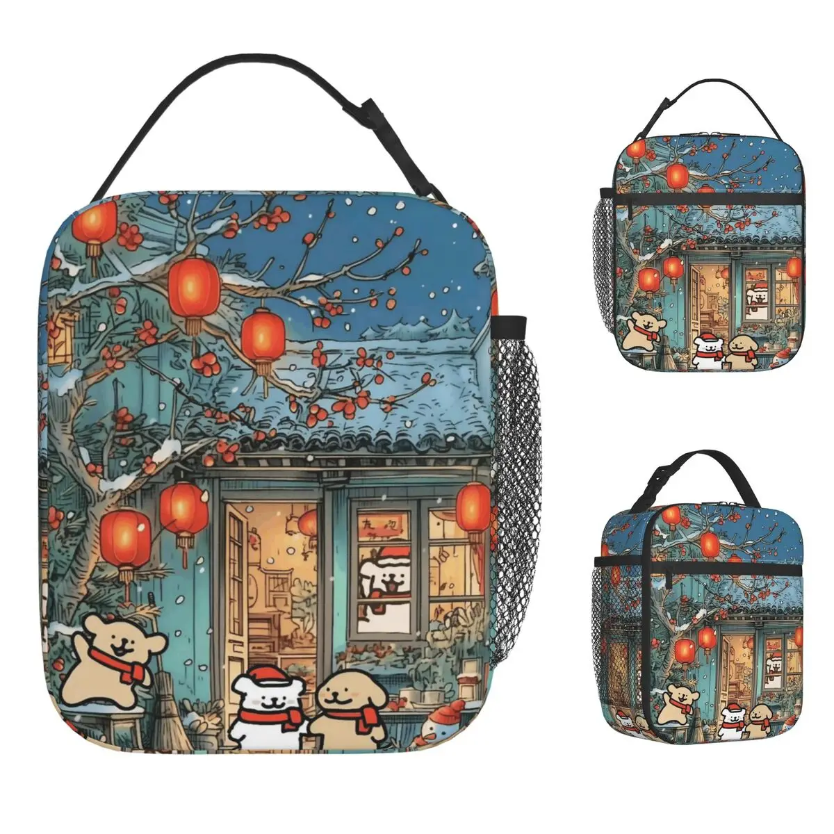 Line Dogs Lunch Bag Aesthetic Lunch Box Office Portable Insulated Tote Food Bags For Child Oxford Print Cooler Bag