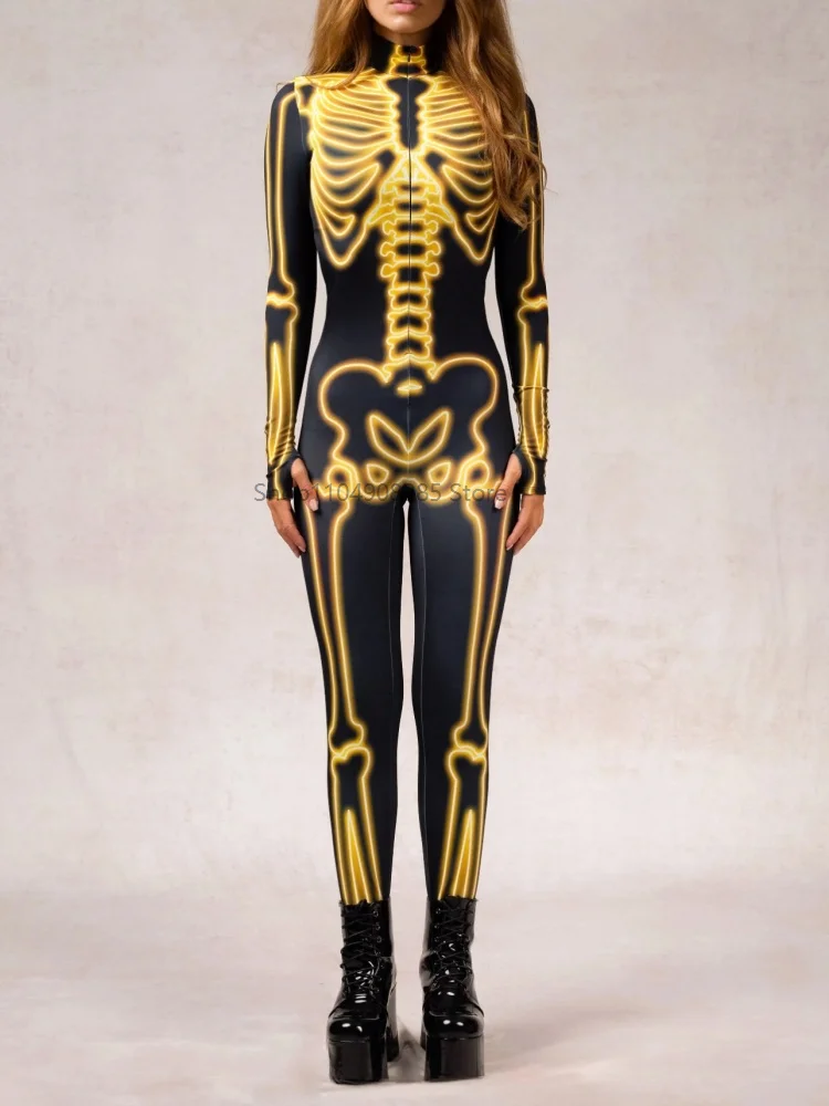

Halloween Cosplay Costume Golden Skull Print Holiday Party Jumpsuit Carnival Zentai Skinny Leotard Party Bodysuit Catsuit 2025