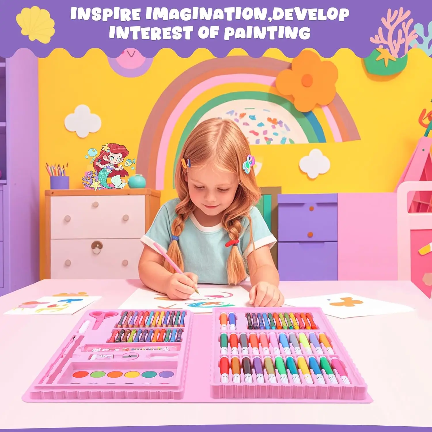 مجموعة رسم حورية البحر للأطفال مع كتاب تلوين وأقلام مجموعة أدوات الرسم الفنية والحرف اليدوية للأطفال ألعاب تعليمية مونتيسوري