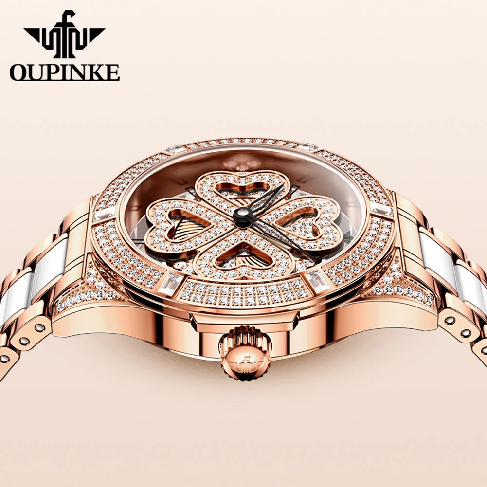 OUPINKE 3279 Swiss Quartz Wrist Watch For Women Elegant Ceramic Strap Transparent Hollow Diamond Original Luxury Women's Watches