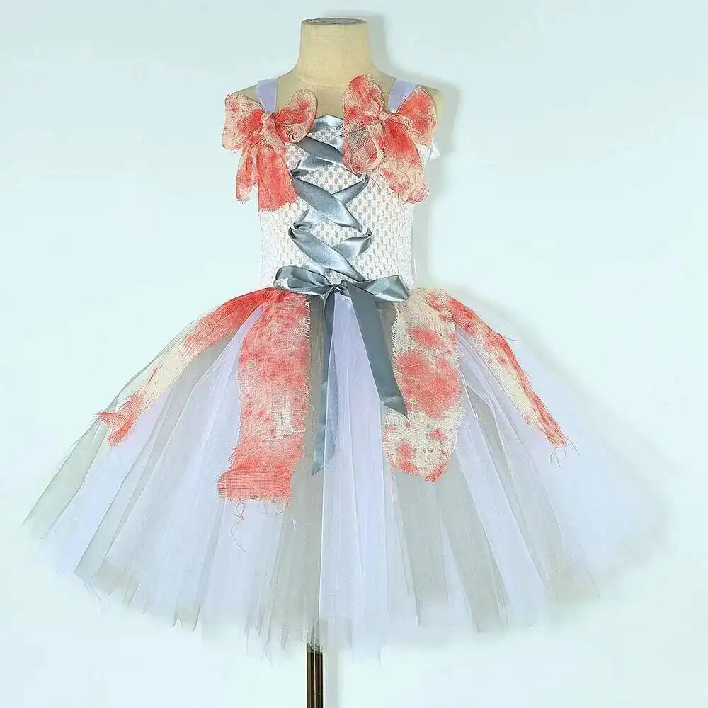 Spooky Zombie Bride Costume for Girls Ghost Bride Halloween Fancy Tutu Dress Kids Carnival Party Horror Outfit with Tulle Veil