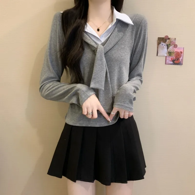 Sweet Color Block Plaid Shirt Beautiful Pleated Collarless Top Autumn New Style Korean College Style Fashion Women's T-shirt