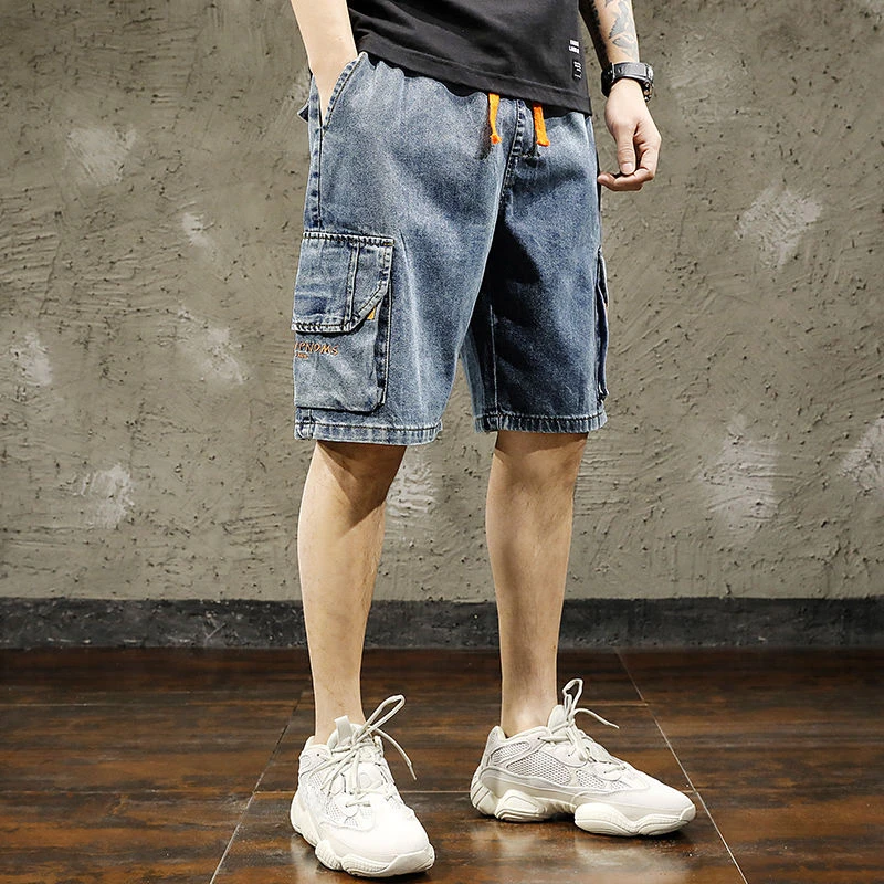 With Pockets Bermuda Man Denim Shorts Cargo Summer Short Jeans Pants for Men Cut Thin Harajuku Xl Korean Fashion Buttons Retro