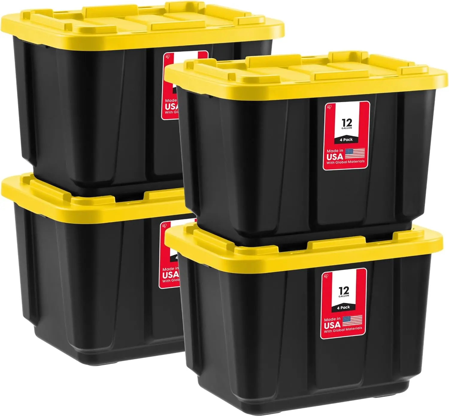 

IRIS USA 12 Gallon Heavy Duty Truck Bed Toolbox Storage Tote Bins with Lids, 4 Pack - Made in USA, Tough Snap On Lockabl