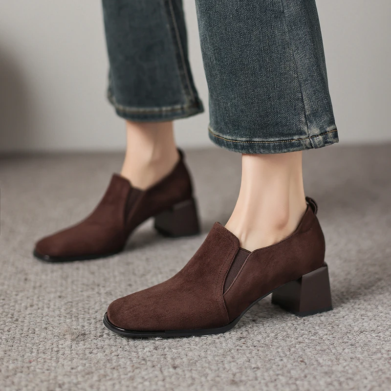 

2026 New Cow Leather Suede Square Heel Loafers Women's Casual Shoes Chunky Heel Pumps Slip on Footwear High Heel Shoes Party