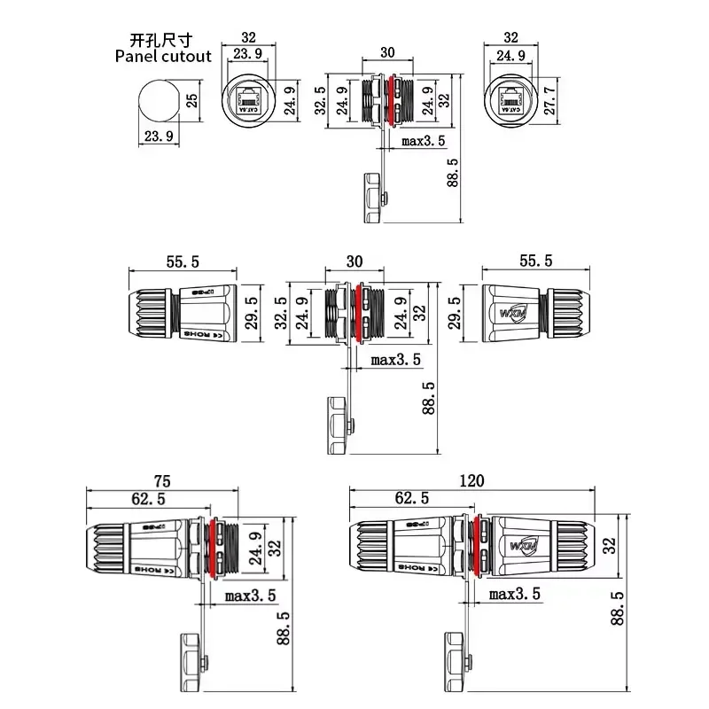 Waterproof RJ45 M25 CAT6/CAT6A with Shield Network Connector Panel Type Gigabit/10 Gigabit Aviation Plug 8Pin Gold Plating