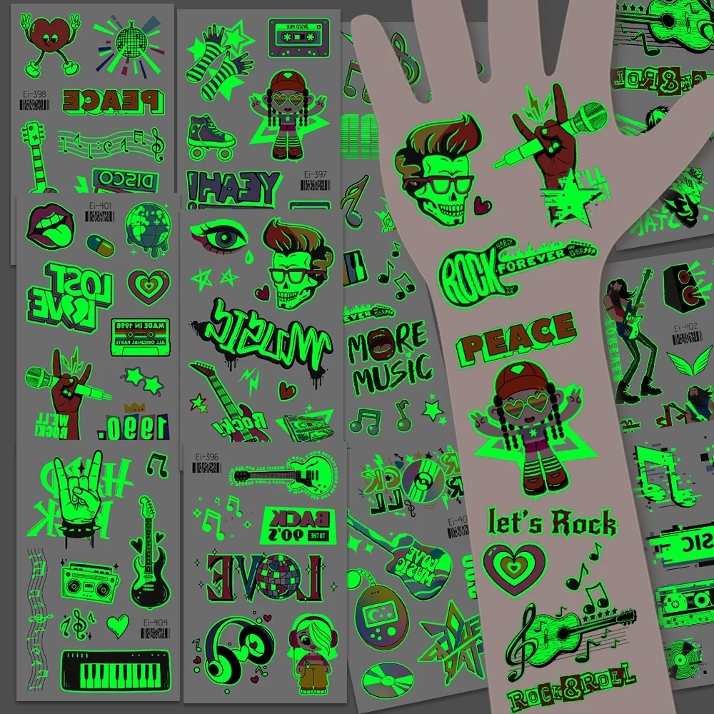 12 Sheets Luminous Rock Music Temporary Tattoos, Rock & Roll Nightclub Music Festival Parties Decor, Birthday Party Favors Gifts