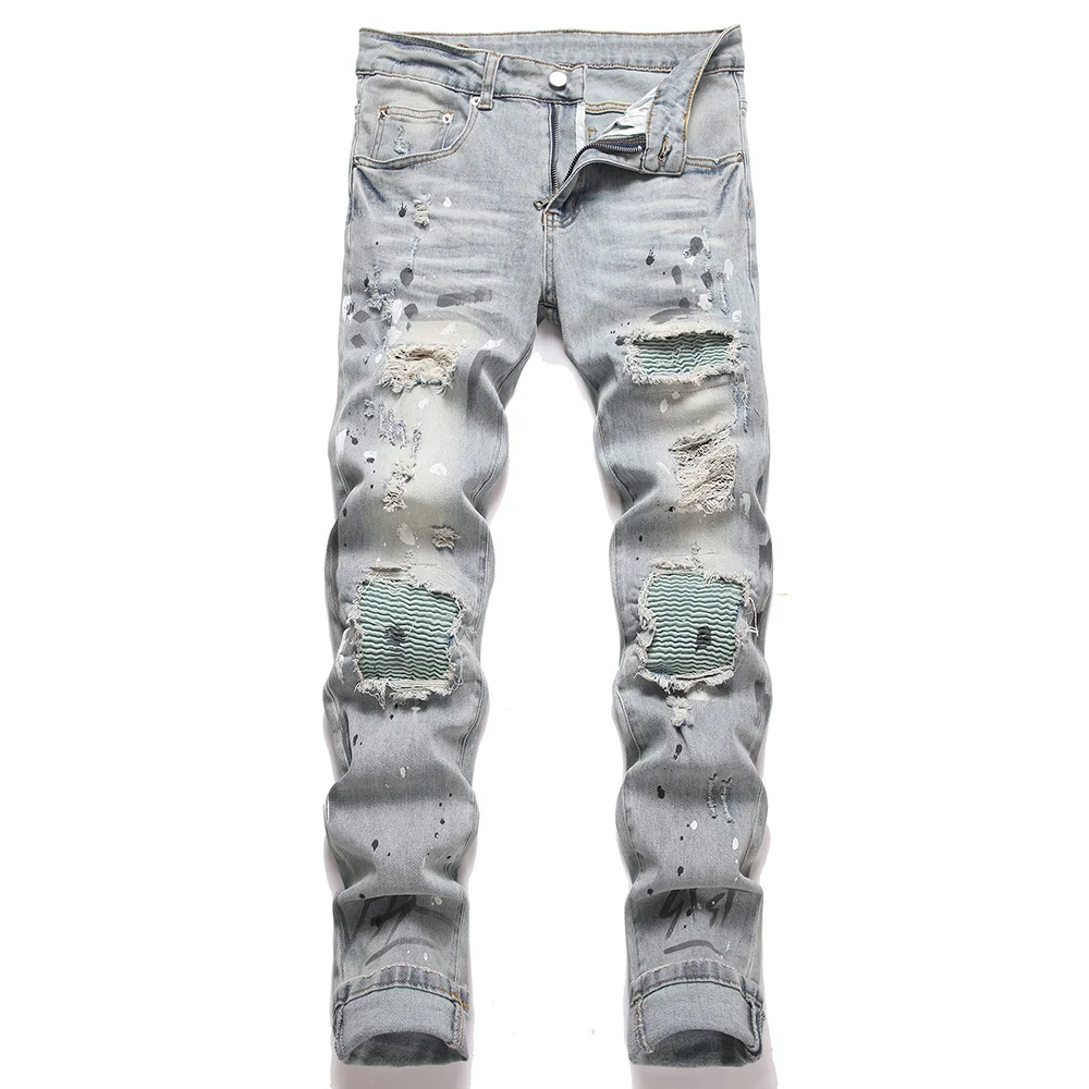 

Мужские плиссированные джинсовые джинсы с нашивками, рваные лоскутные байкерские брюки с окрашенными отверстиями, эластичные узкие зауженные брюки