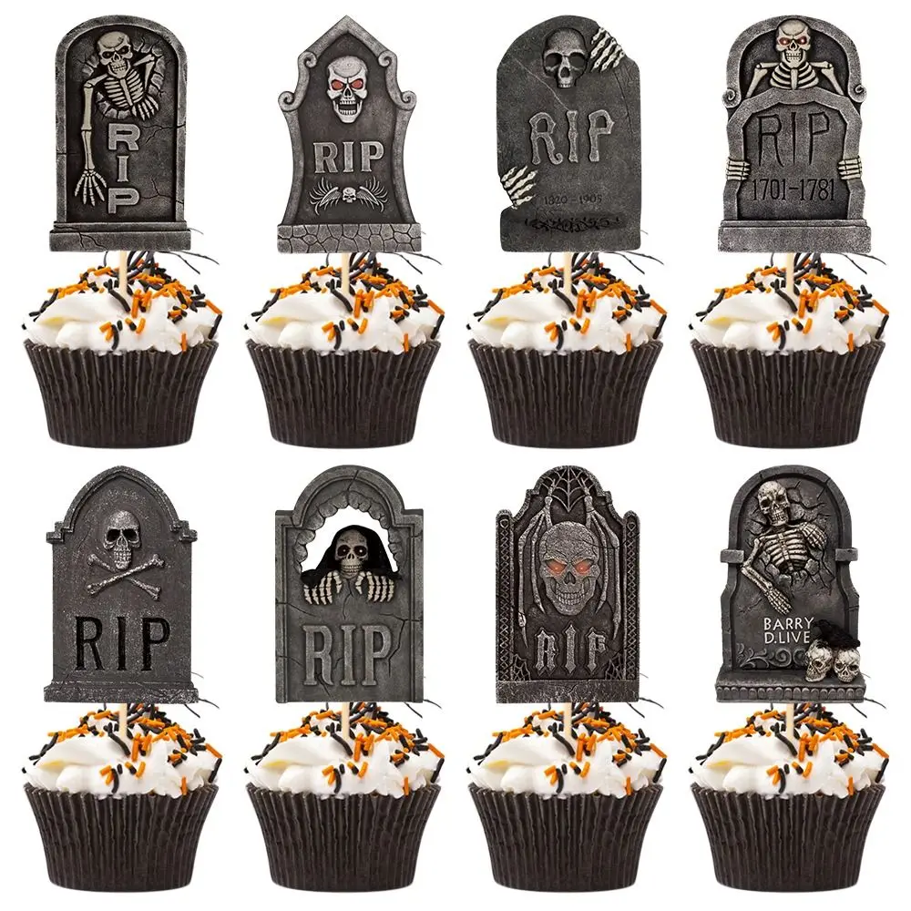 

8pcs Paper Halloween Tombstone Cupcake Toppers Festival Scary Tombstone Cake Insert Card Funny DIY Decor Graveyard Cake Picks
