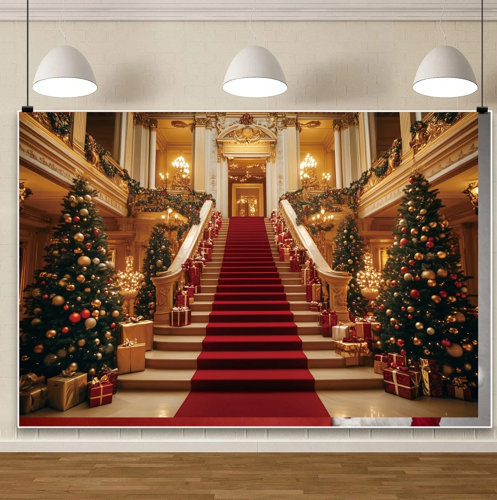 عيد الميلاد الفاخرة قصر الدرج خلفية السجادة الحمراء Xmastrees هدية أكوام مذهب أنيقة احتفالية ديكور التصوير الخلفيات