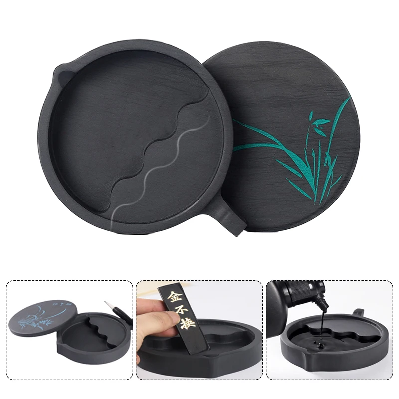 

4/5 Inches Round Shape Calligraphy Writing Inkstone Traditional Chinese Painting Inkslab Multifunctional Ink Grinding Plate