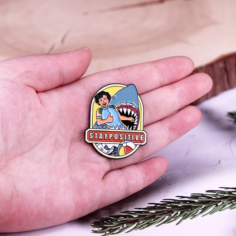 C5362 Stay Positive Shark Enamel Pins Cartoon Metal Brooch Badge Jewellery Backpack Lapel Pins for Backpack Accessory Gifts