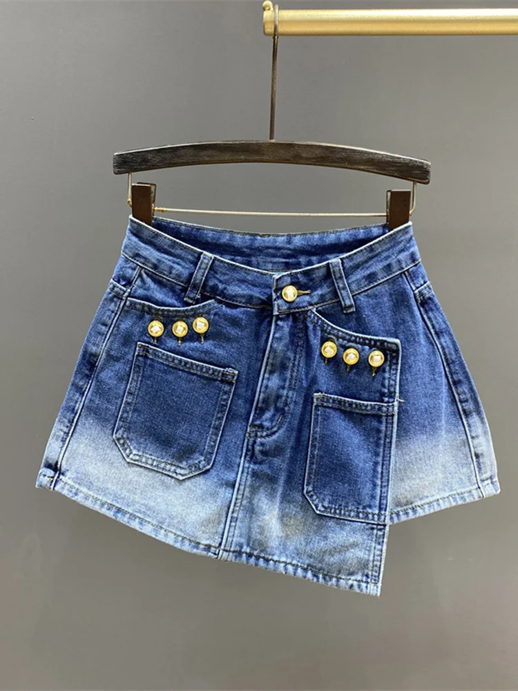 

Women Irregular High Waist Denim Skirt Fashion Fake Two Gradient A-line Short Skirts 2023 Summer New Tide Mujer Faldas Y462