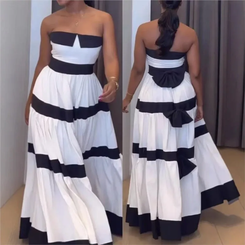 Sexy Strapless Sleeveless Party Dress For Women Summer Fashion Striped Contrasting Color Patchwork Bow Decor Swing Long Dresses