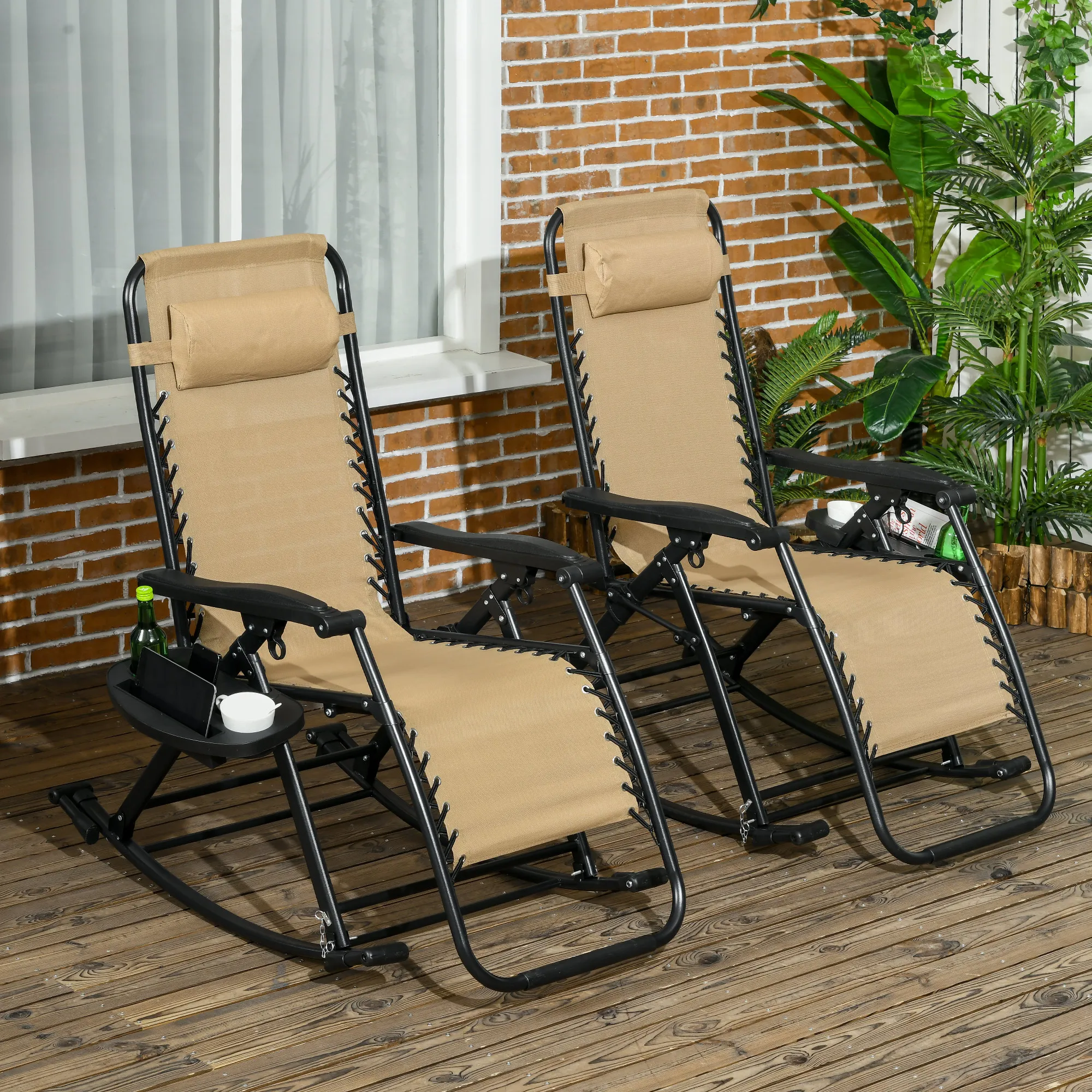 

2 Pcs Folding Zero Gravity Reclining Rocking Chair, Pillow, Cup Holder, Beige