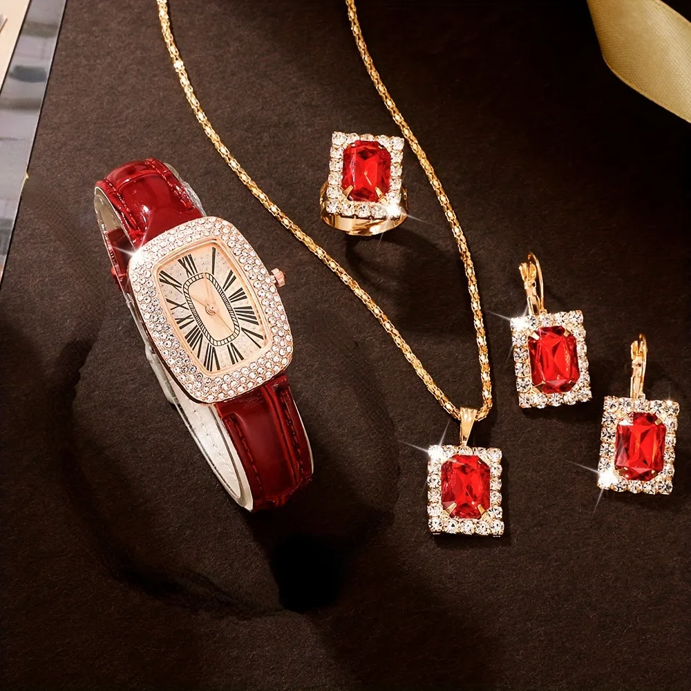 Kegllect 6 шт. женские часы винтажные кварцевые часы с указателем Tonneau роскошные аналоговые наручные часы со стразами и комплект ювелирных изделий