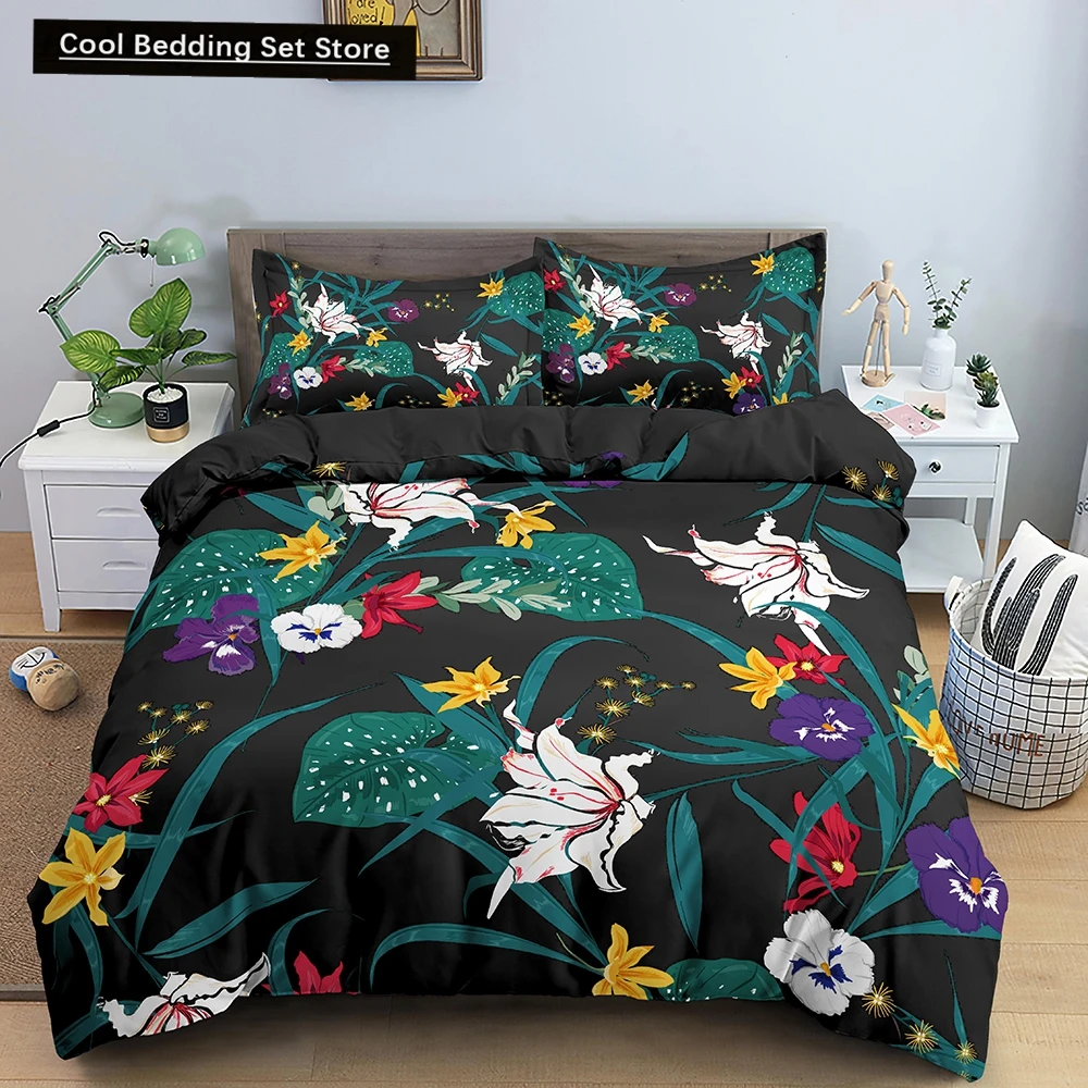 

Tropical Flowers King Queen Bedding Set Colorful Vintage Floral Duvet Cover Green Leaves Quilt Cover Polyester Comforter Cover