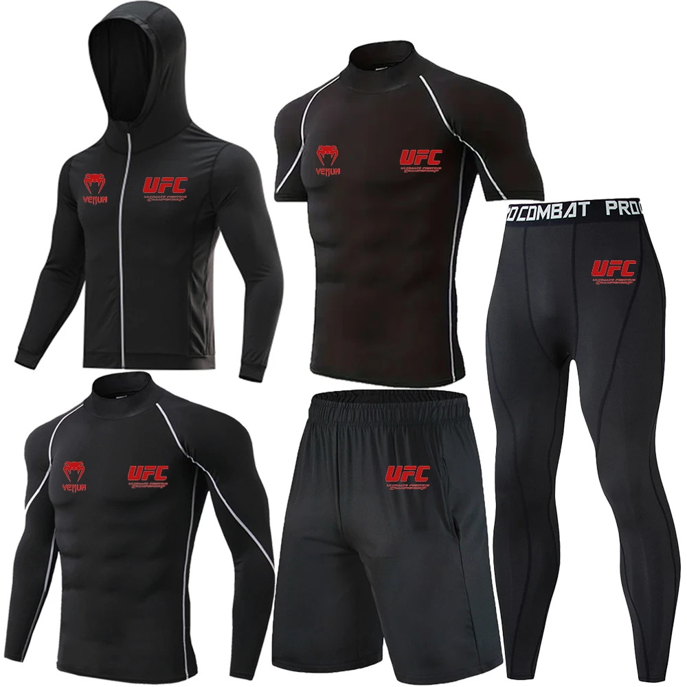 

UFC 5 Piece/set Dry and Fitted Men's Training Sportswear Set, Gym Fitness Compression Suit, Men's Jogging Tight Fitting Sportswe