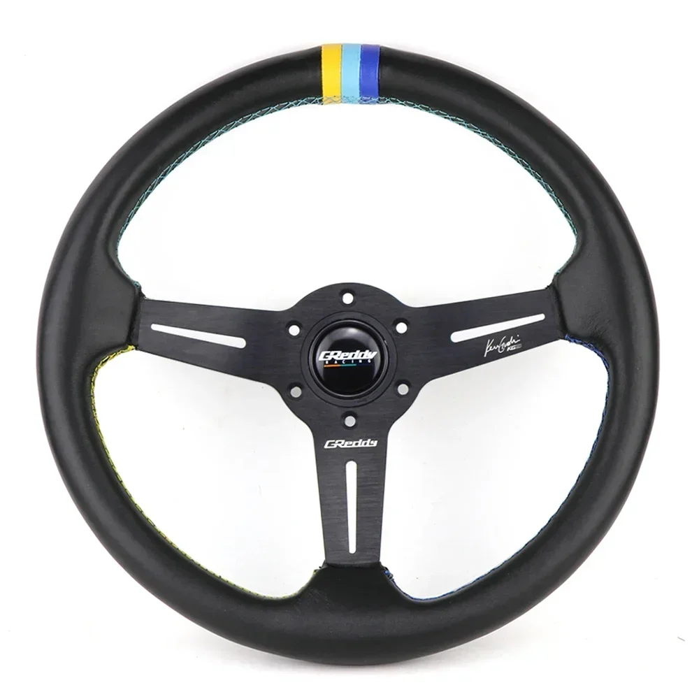 14inch/350mm GReddy Genuine Leather Car Sport Steering Wheel With 3 Color Stitching