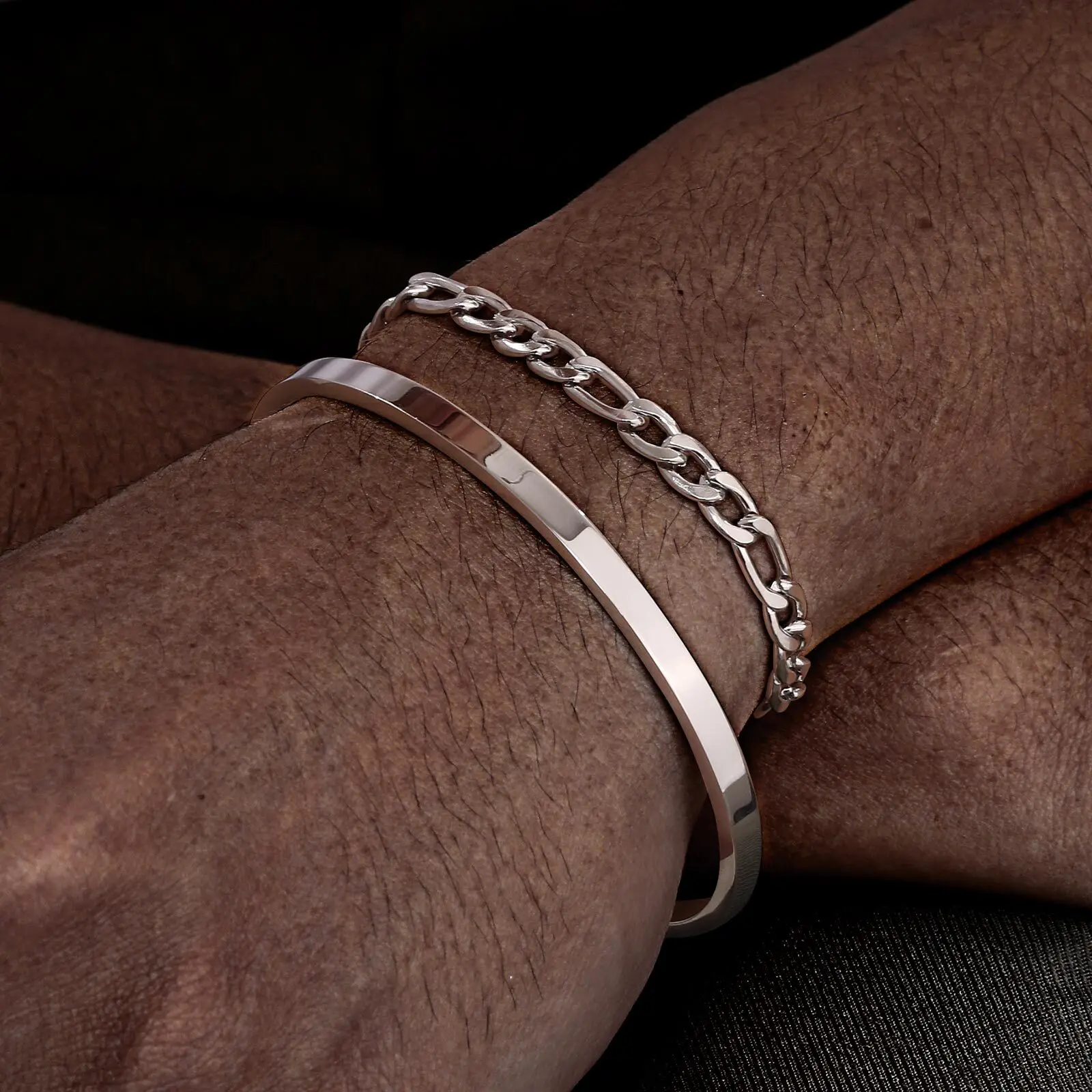 

2pcs/set Figaro Chain Bracelet for Men,Silver Color Stainless Steel Cuff Bangles,Stylish Layered Bracelet Gift for Him Boy