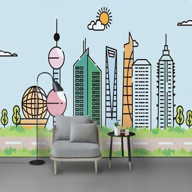 New Modern Qingqing New Artist Vector Shanghai City Landmark Scenery Cartoon Room Bookstore Custom Decoration Painting