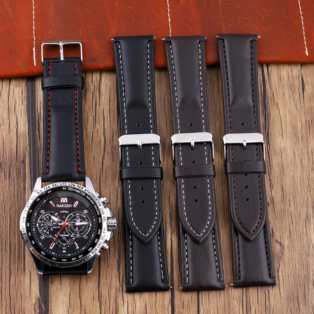 Vintage Genuine Leather Hand-Stitching Solid Color Watchband 20mm 22mm Black Coffee Watch Strap Replacement Strap for Watch