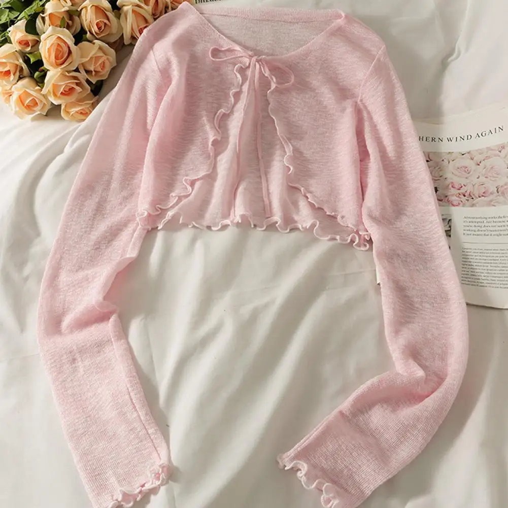 Thin Sunscreen Cardigan Lace-up Knitwear Tops Summer Women Korean Style Lantern Sleeve Short Coat Casual Sun Protected