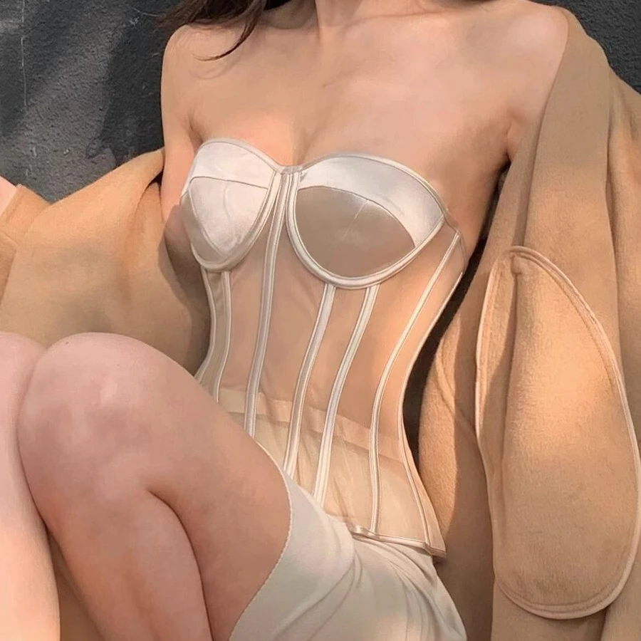 

Female Lace Steel Bones Korset Padding Bra Cup Suitable Any Breasts Breathable Mesh Corsets Wedding Costume