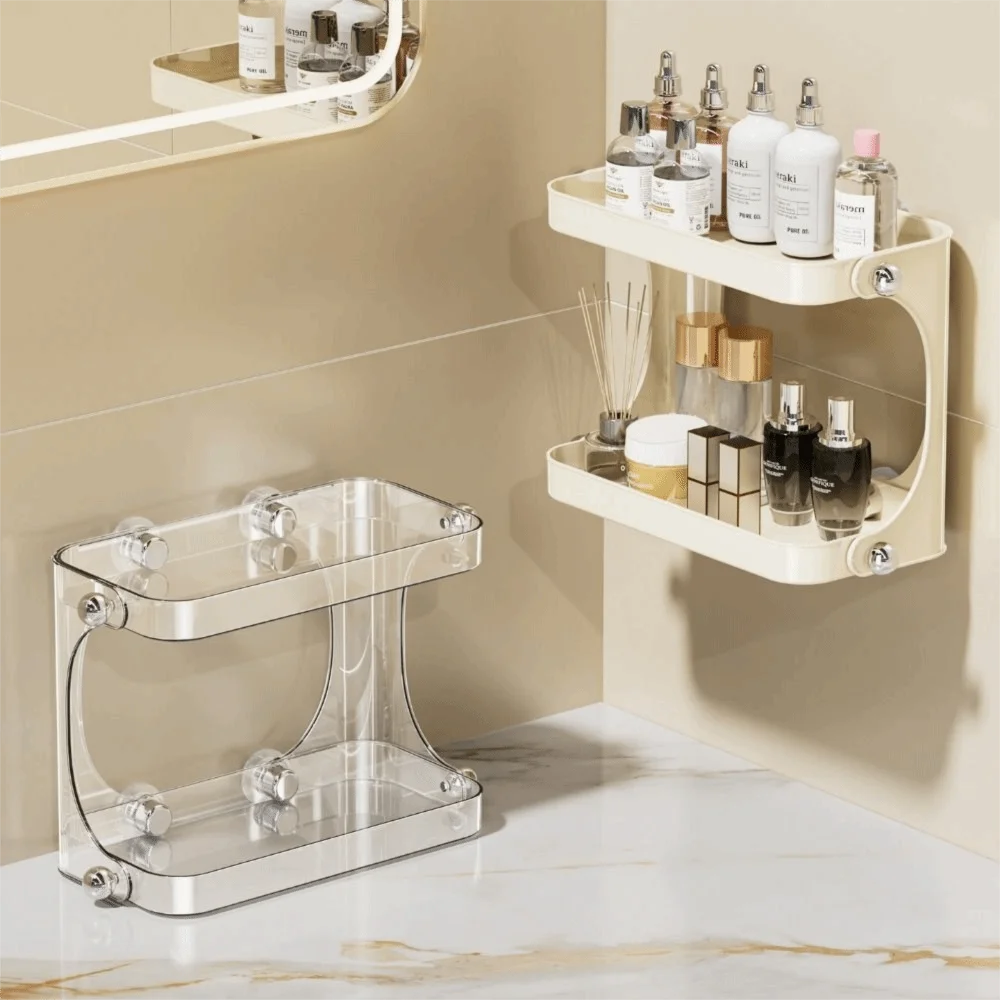 

Double-Layer Bathroom Storage Rack Suction Cup Waterproof Cosmetics Display Stand Reusable Large Load Bearing