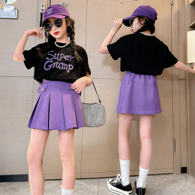 Summer Teen Girls Clothing Sets Child New Fashion Letter Tops + Skirt 2Pcs Outfits Kids Tracksuit 5 6 7 8 9 10 11 12 13 14 Years