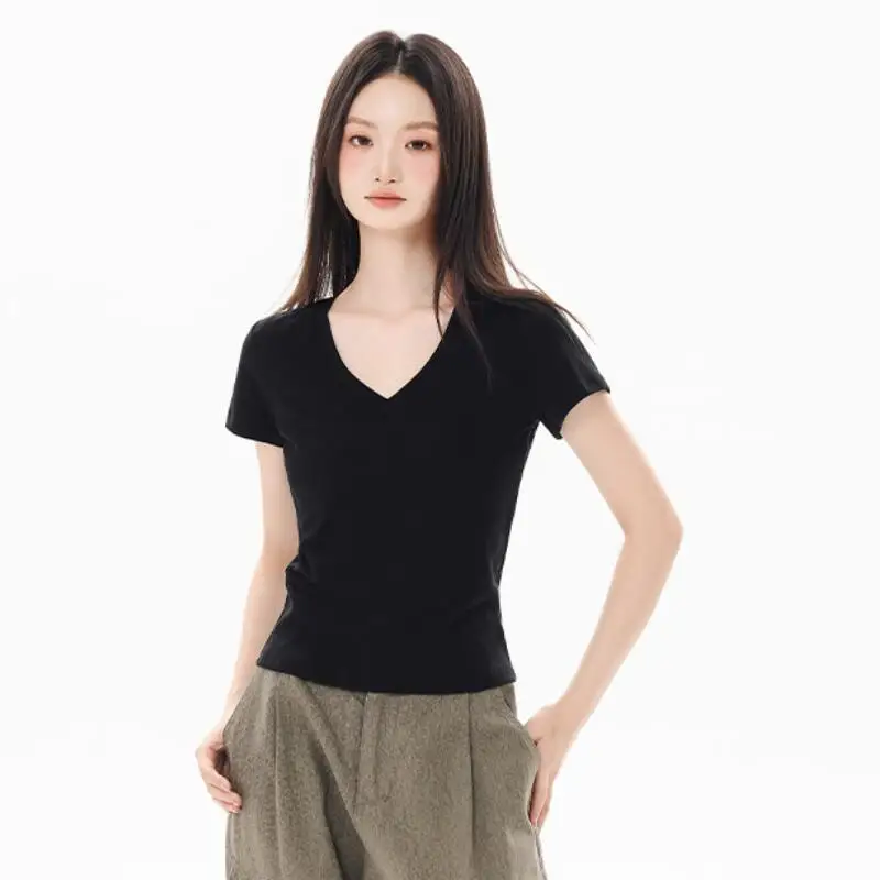 

Solid Color V-Neck Short Sleeved T-Shirt for Women's Summer New Style Pure Desire To Slim Down and Look Slimmer Top for Women