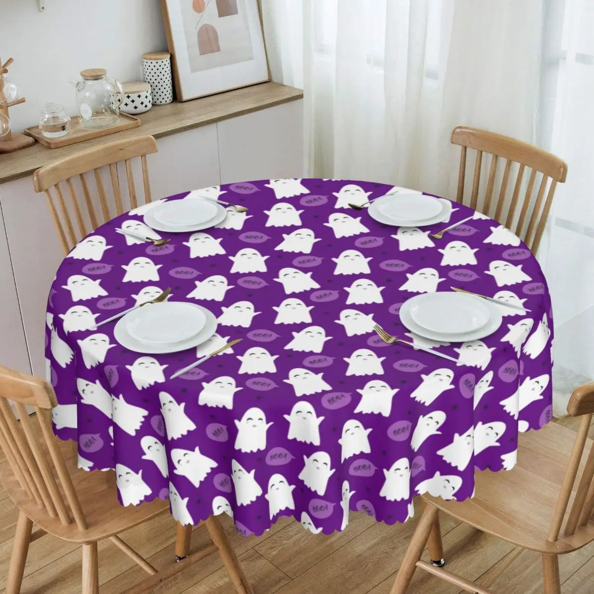 Custom Ghost Cartoon Pattern Halloween Horror Skull Tablecloth 60 inches Kitchen Dinning Table Cloth Spillproof Table Cover