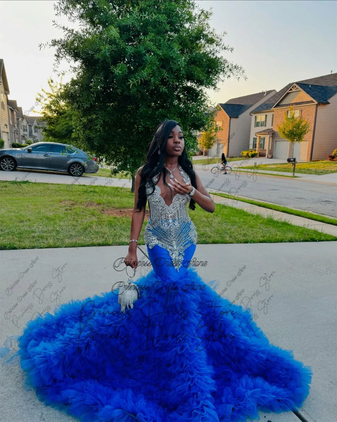 

Elegent Sparkly Crystals Rhinestones Prom Dress Black Girl 2025 Tulle Ruffles Beaded Birthday Party Dress Customized
